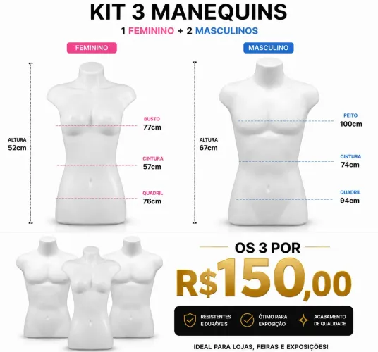 Kit 3 Bustos Manequins (2 masculinos + 1 feminino)