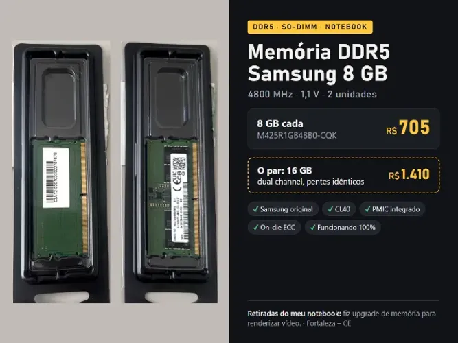 Memória DDR5 8GB Samsung Notebook 4800MHz - 2 unidades