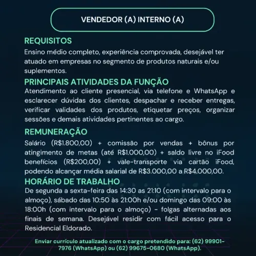 vendedor (a) interno - Empresa segmento de suplementos e produtos naturais