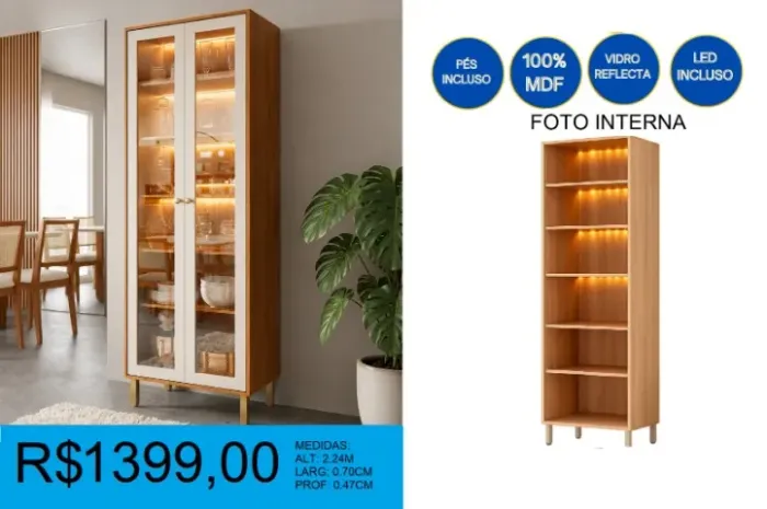 Cristaleira linda com led, vidro reflecta - entrega e montagem gratuita
