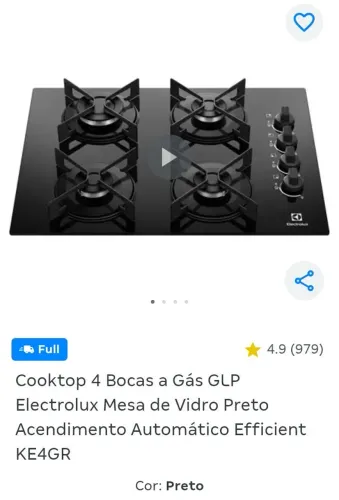 Cooktop 4 bocas a gás mesa de vidro