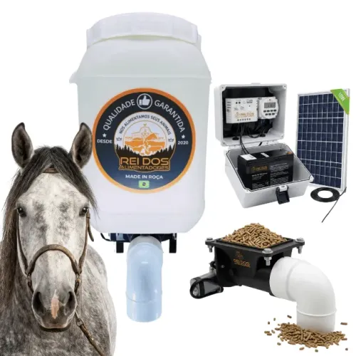 Alimentador Automático de Ração 25L Kit Solar p/ Cachorro, Cavalo, Peixe, Porco e Galinha 