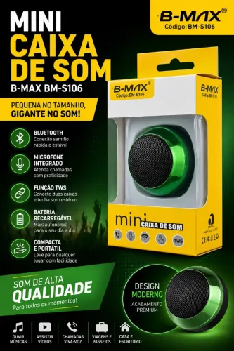 Mini Caixa de Som Bluetooth B-MAX BM-S106 com TWS e Microfone - Nova