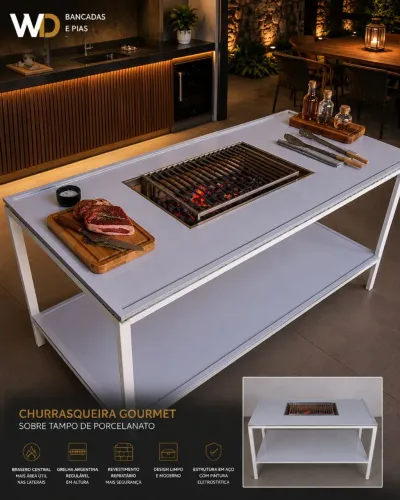 Mesa com Churrasqueira Embutida em Porcelanato - Sob Medida