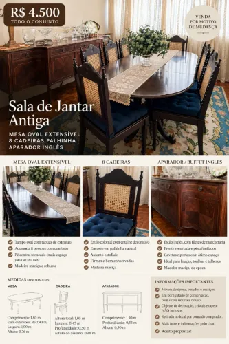 Sala de Jantar Antiga Completa - Mesa Oval Extensível + 8 Cadeiras Palhinha + Aparador Ing