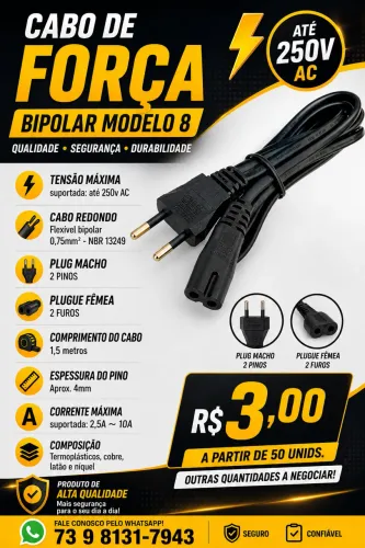 100 Cabos Força Bipolar 2 Pinos 1,5 Metros