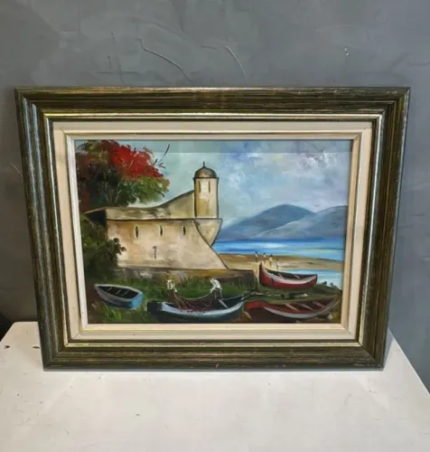 Quadro Decorativo Paisagem Costeira Barcos Óleo Tela