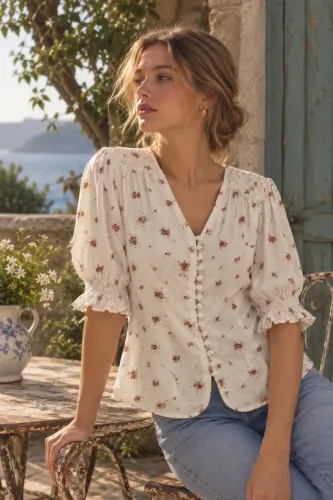 blusa vintage floral simple retro botões