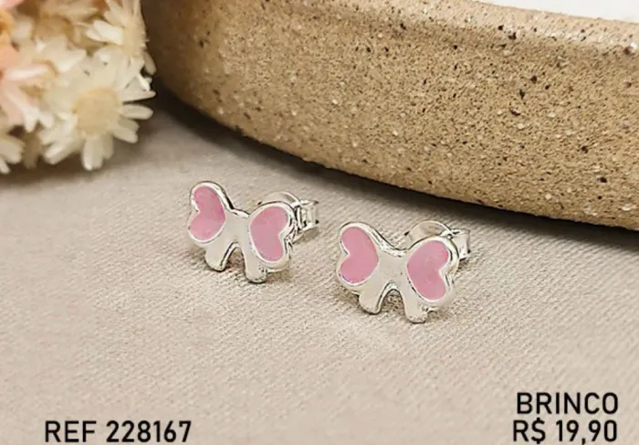 Brinco Folheado Prata Laço Rosa 