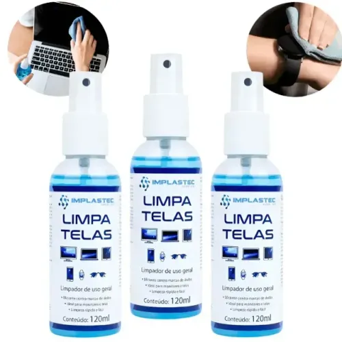 Kit 03 Limpa Tela Spray 120ml Monitores, Tablets, Smartphones, TVs - Implastec