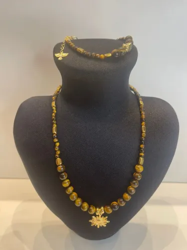 Conjunto Colar e pulseira semi jóia em pedras Olho de tigre
