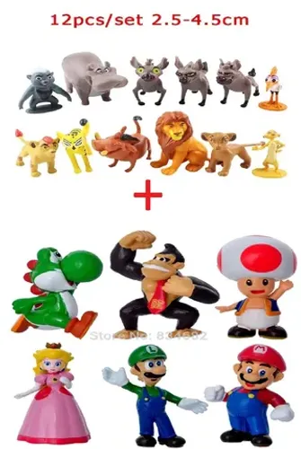 Combo: 01 Kit c/ 12 Miniaturas Turma Rei Leão + 01 Kit c/ 06 Bonecos Turma Mario Bros