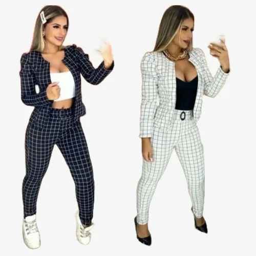 Conjunto feminino blazer manga princesa+ calça com cinto