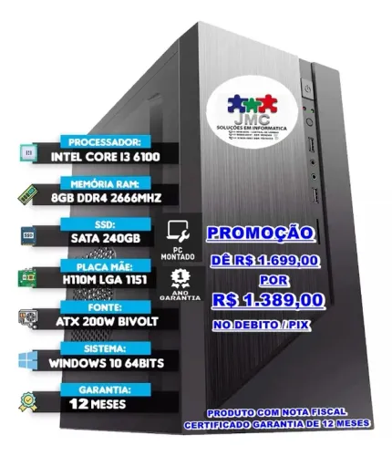 cpu_intel core I3 mod: (6ª geração)+08gb+ssd240GB+win10+Office+antivirus