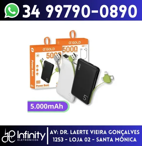 Power Bank 5000mah com Cabo V8 e Adaptador iPhone e Tipo-c