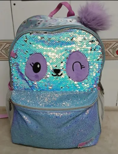 Mochila de Costas + Estoujo Panda Lantejoulas Infantil Escolar