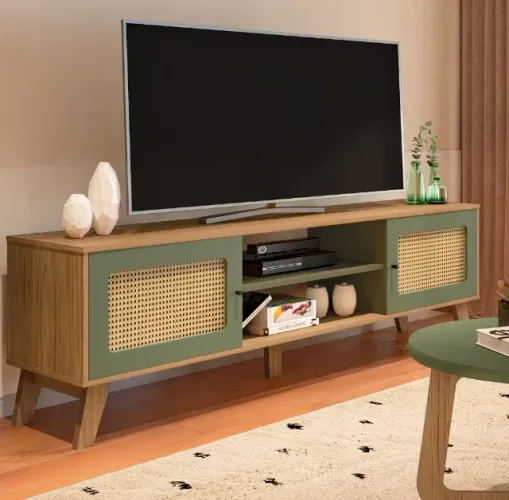 NOVO | Rack TV até 75" 180cm Verde Menta Pés de MDF - Fazemos Entrega