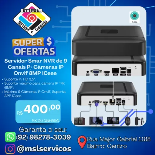 Servidor Smart NVR 9 Canais - Para Câmeras IP Onvif até 8MP (4K) Compatível com APP CSee
