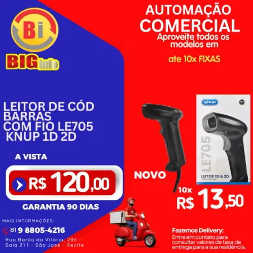 Leitor de Codigo de Barras de Mao - em ate 10x Fixas 