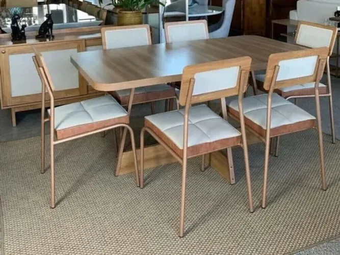 Mesa Atria Rose 1,60m, com 6 Cadeiras Estrutura Aço.