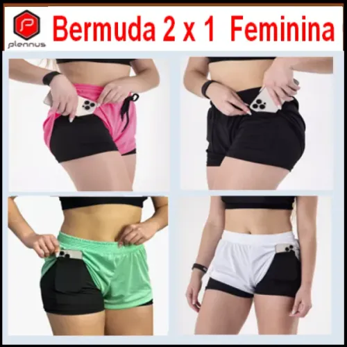 Bermuda Feminina 2x1 Academia Fitness Corrida Treino Bike Bolso Interno p/ Celular z917