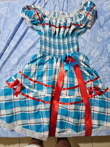 Vestido Festa Junina, São João, quadrilha Xadrez Azul e Vermelho