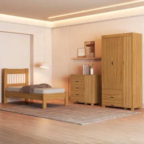 Guarda-Roupa 3 Portas + Cômoda 4 Gavetas com Sapateira + Cama Solteiro Bela Nature