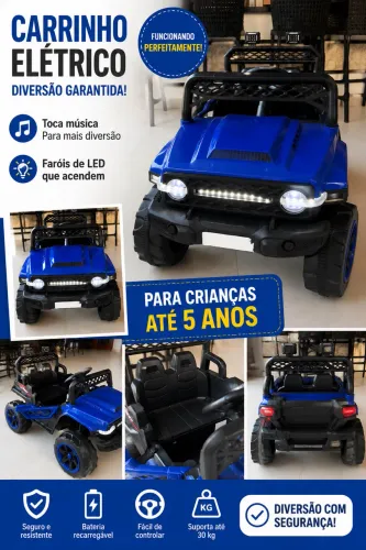 Carrinho Elétrico Infantil 2 Lugares com Faróis e Música - Até 5 Anos