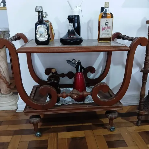 Carrinho de Chá / Bar Antigo - Madeira Cerejeira e Mármore