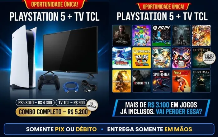 PS5 Fat 825GB + 15 Jogos (Elden Ring, Wukong, Spider-Man) | TV TCL 40" Opcional