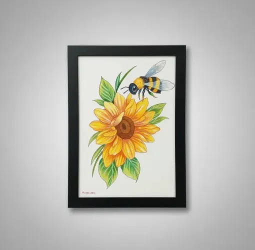 Quadro Decorativo Girassol e Abelha A4 - Pintura Autoral com Moldura