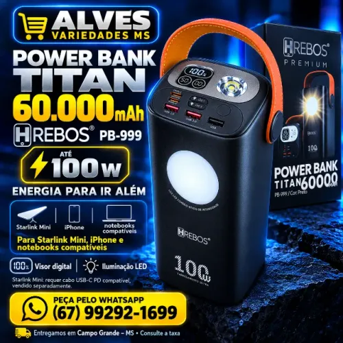 POWER BANK TURBO100W 60000MAH CARREGAR CELULAR TABLET IPAD NOTEBOOK STARLIN MINI