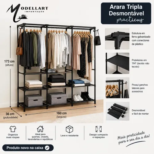 Arara Tripla Desmontável Preta - Modellart | Nova na Caixa