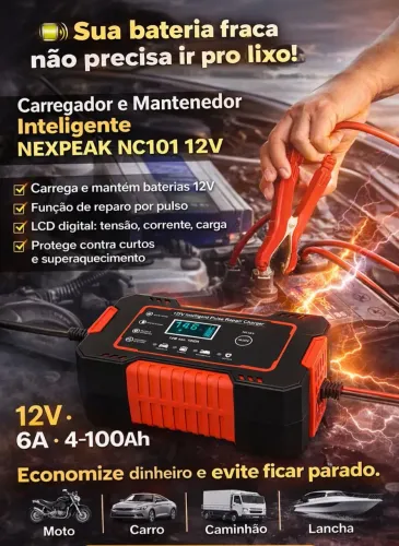 Carregador de Bateria 12V Inteligente NEXPEAK NC101 | Recupera, Mantém e Evita Pane