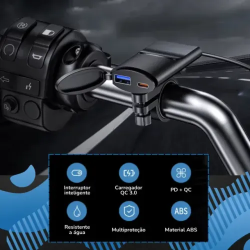 ?CARREGADOR USB QC 3.0 30W PARA MOTO MOTOCICLETA RESISTENTE A ÁGUA TURBO