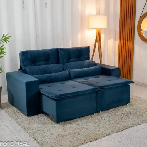 !!! FRETE GRATIS !!! Sofá Retrátil Reclinável Bia 1.95m Veludo Azul - D28