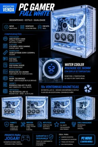 PC Gamer Full White Ryzen 5 5600 + RX 7600 8GB + 32GB RAM
