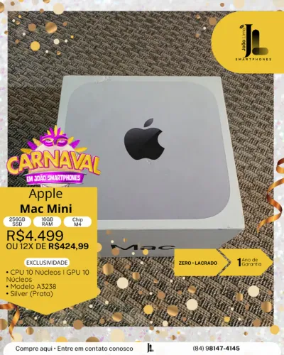 MAC MINI COM CHIP M4, 256GB, 16GB RAM, LACRADO, EXCLUSIVO!