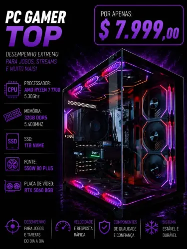 [AM5] PC Gamer Ryzen 7 7700 5.3Ghz / Mem 32Gb / SSD 1Tb / RTX 5060 8Gb (aceito cartão)