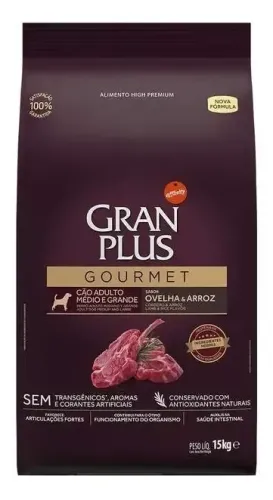 RAÇÃO Gran Plus Gourmet Alimento para cão adulto de raça média e grande sabor ovelha e arr