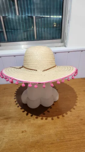 Chapéu de Palha Estilo Mexicano - Forro Floral e Pompom Rosa - Lindo!