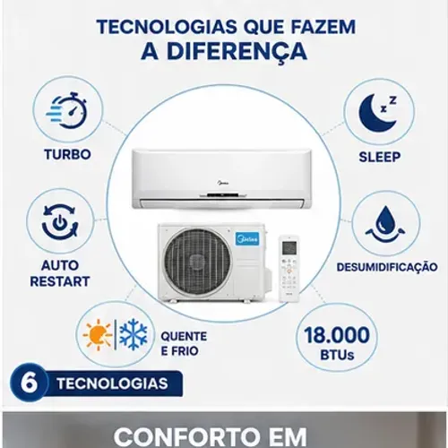 Ar-Cond. Split Midea 18 MIL BTUs Quente e Frio-Função Turbo Sleep, Auto Restart Desumidifi