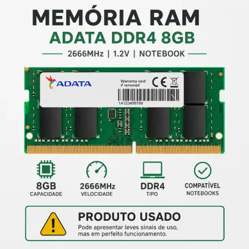 Memória Ram Adata Notebook 8gb Ddr4 2666mhz Sodimm (Usado)