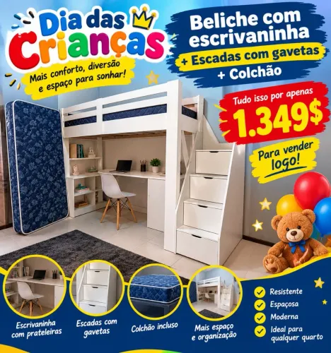 Beliche e Escrivaninha + Colchão Ortobom