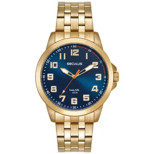 Relógio Seculus masculino dourado em aço fundo azul