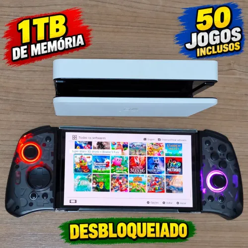 Nintendo Switch OLED Desbloqueado + 1TB + 50 Jogos + Controles RGB