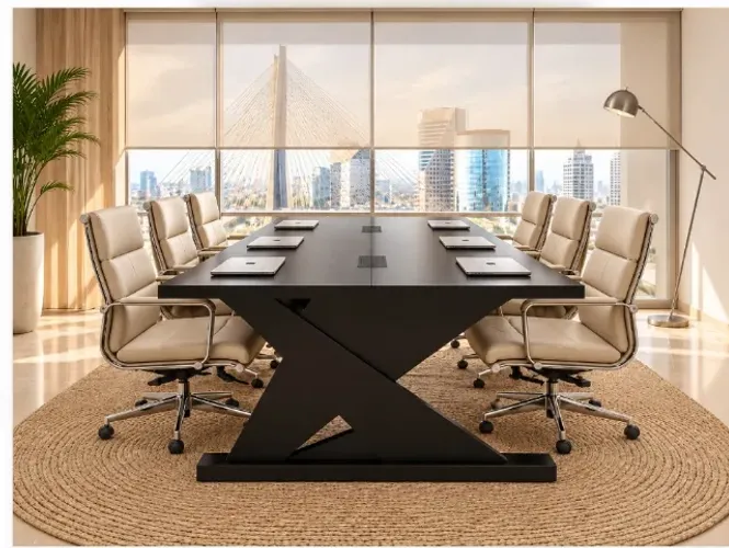 Mesa De Reunião Stem Office Wood Blackout. L260cm x P130cm x A74cm 8 Tomadas Até 8 Lugares