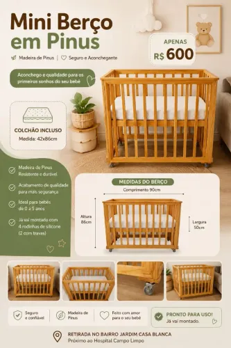 Berço e colchão para bebê de 0 a 3 anos - microondas de brinde (opcional)