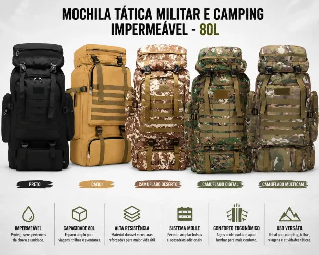 Mochila Tática Militar e Camping Impermeável 80 Litros