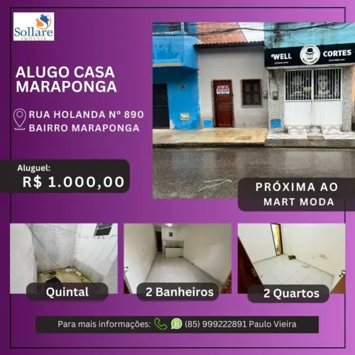 Alugo Casa Com 2 Quartos, 2 Banheiros no Bairro Maraponga Próx ao Maraponga Mart Moda